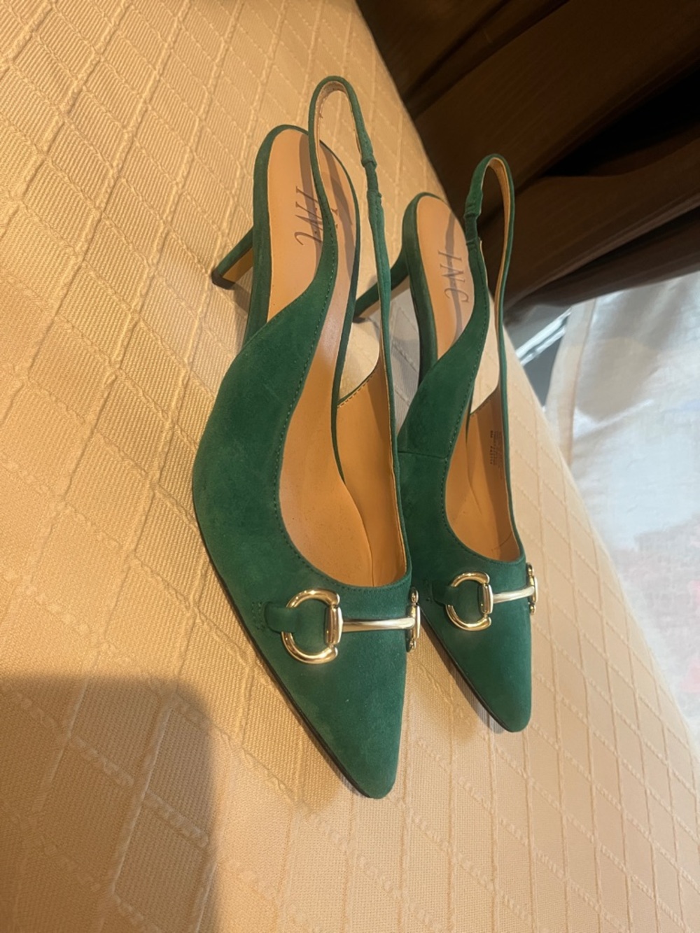 INC International Concepts Green Suede Slingback Pumps with Gold Horsebit